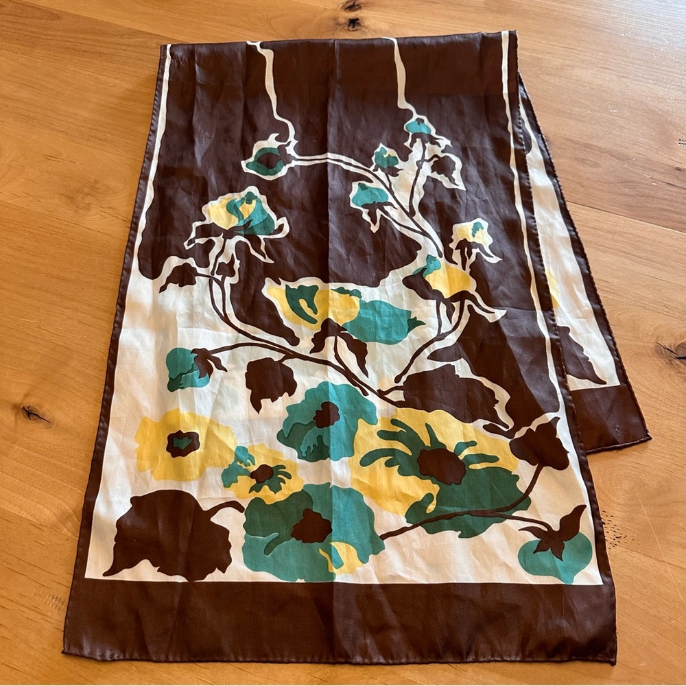 Floral Scarf Blue Yellow Brown Tones Vintage